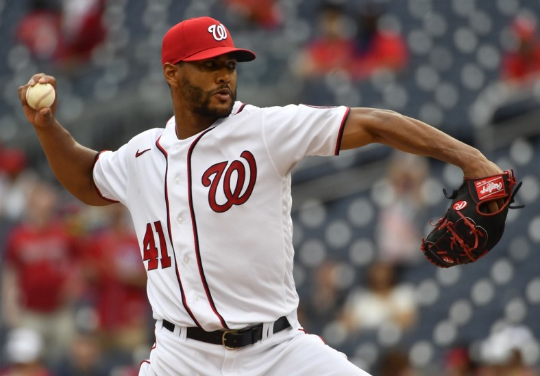 Jun 13, 2021; Washington, District of Columbia, USA; Washington Nationals starting pitcher Joe Ross (41) throws to the San Francisco Giants during the eighth inning at Nationals Park. Mandatory Credit: Brad Mills-USA TODAY Sports