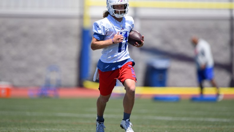 Jun 15, 2021; Buffalo, New York, USA; Buffalo Bills wide receiver Cole Beasley (11) runs with the ball during minicamp at the ADPRO Sports Training Center. Mandatory Credit: Rich Barnes-USA TODAY Sports