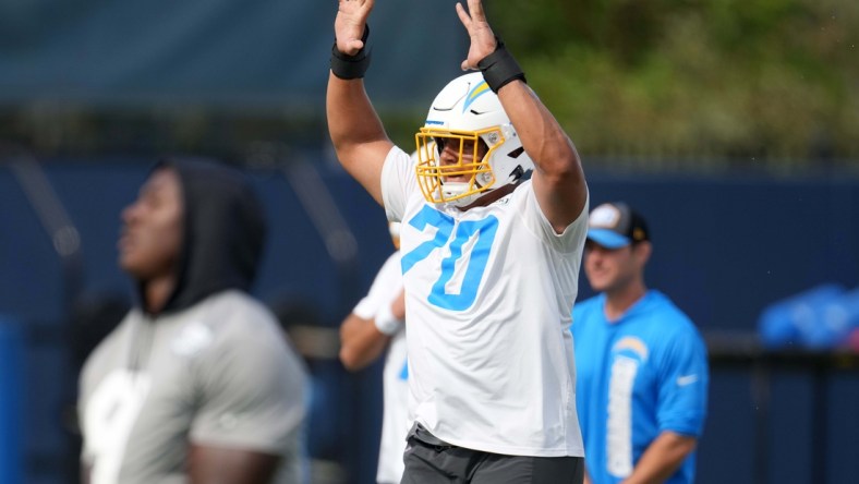 Jun 15, 2021; Costa Mesa, CA, USA; Los Angeles Chargers tackle Rashawn Slater (70) during minicamp at the Hoag Performance Center. Mandatory Credit: Kirby Lee-USA TODAY Sports