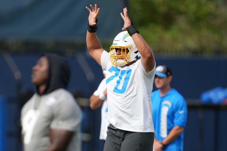 Jun 15, 2021; Costa Mesa, CA, USA; Los Angeles Chargers tackle Rashawn Slater (70) during minicamp at the Hoag Performance Center. Mandatory Credit: Kirby Lee-USA TODAY Sports