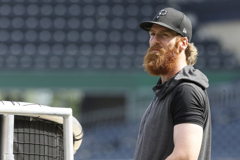 Jun 8, 2021; Pittsburgh, Pennsylvania, USA;  Pittsburgh Pirates first baseman Colin Moran (19) looks on at the batting cage before playing the Los Angeles Dodgers at PNC Park. Mandatory Credit: Charles LeClaire-USA TODAY Sports
