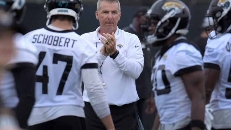 Jaguars Head Coach Urban Meyer claps as his players transition between drills on the practice fields outside TIAA Bank Field during the Jacksonville Jaguars  mandatory veterans minicamp session Monday morning, June 14, 2021. [Bob Self/Florida Times-Union]Jki 061421 Jaguarsveterans 1