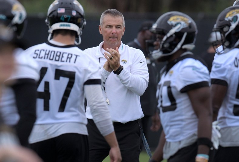 Jaguars Head Coach Urban Meyer claps as his players transition between drills on the practice fields outside TIAA Bank Field during the Jacksonville Jaguars  mandatory veterans minicamp session Monday morning, June 14, 2021. [Bob Self/Florida Times-Union]

Jki 061421 Jaguarsveterans 1