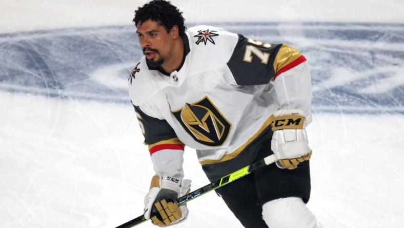 Jun 18, 2021; Montreal, Quebec, CAN; Vegas Golden Knights right wing Ryan Reaves (75) during the warm up session before the game three against Montreal Canadiens of the 2021 Stanley Cup Semifinals at Bell Centre. Mandatory Credit: Jean-Yves Ahern-USA TODAY Sports