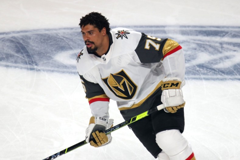 Jun 18, 2021; Montreal, Quebec, CAN; Vegas Golden Knights right wing Ryan Reaves (75) during the warm up session before the game three against Montreal Canadiens of the 2021 Stanley Cup Semifinals at Bell Centre. Mandatory Credit: Jean-Yves Ahern-USA TODAY Sports