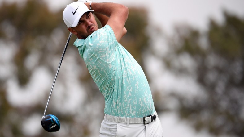 Jun 20, 2021; San Diego, California, USA; Brooks Koepka plays his shot from the second tee during the final round of the U.S. Open golf tournament at Torrey Pines Golf Course. Mandatory Credit: Orlando Ramirez-USA TODAY Sports