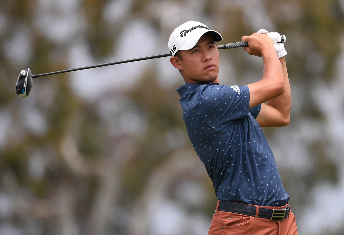 Jun 20, 2021; San Diego, California, USA; Collin Morikawa plays his shot from the second tee during the final round of the U.S. Open golf tournament at Torrey Pines Golf Course. Mandatory Credit: Orlando Ramirez-USA TODAY Sports