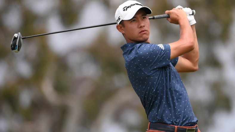 Jun 20, 2021; San Diego, California, USA; Collin Morikawa plays his shot from the second tee during the final round of the U.S. Open golf tournament at Torrey Pines Golf Course. Mandatory Credit: Orlando Ramirez-USA TODAY Sports