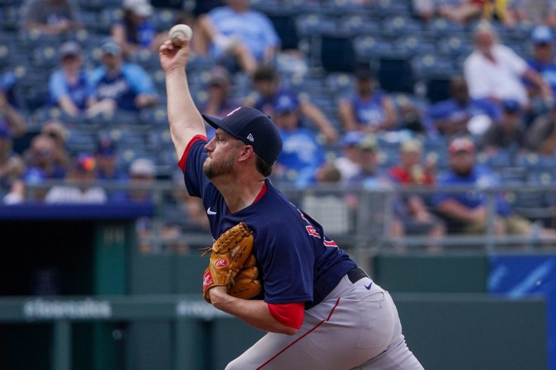 Jun 20, 2021; Kansas City, Missouri, USA; Boston Red Sox starting pitcher Matt Andriese (35) delivers a pitch in the eighth inning against the Kansas City Royals at Kauffman Stadium. Mandatory Credit: Denny Medley-USA TODAY Sports