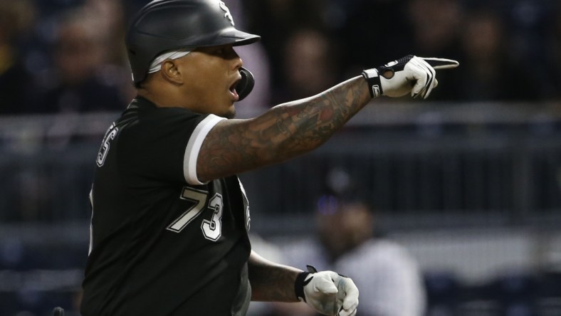 Jun 22, 2021; Pittsburgh, Pennsylvania, USA;  Chicago White Sox pinch hitter Yermin Mercedes (73) reacts after hitting a single against the Pittsburgh Pirates during the seventh inning at PNC Park. Mandatory Credit: Charles LeClaire-USA TODAY Sports