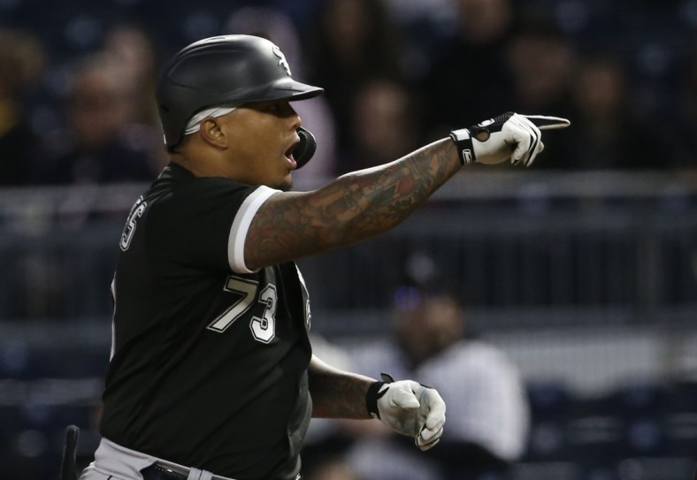 Jun 22, 2021; Pittsburgh, Pennsylvania, USA;  Chicago White Sox pinch hitter Yermin Mercedes (73) reacts after hitting a single against the Pittsburgh Pirates during the seventh inning at PNC Park. Mandatory Credit: Charles LeClaire-USA TODAY Sports