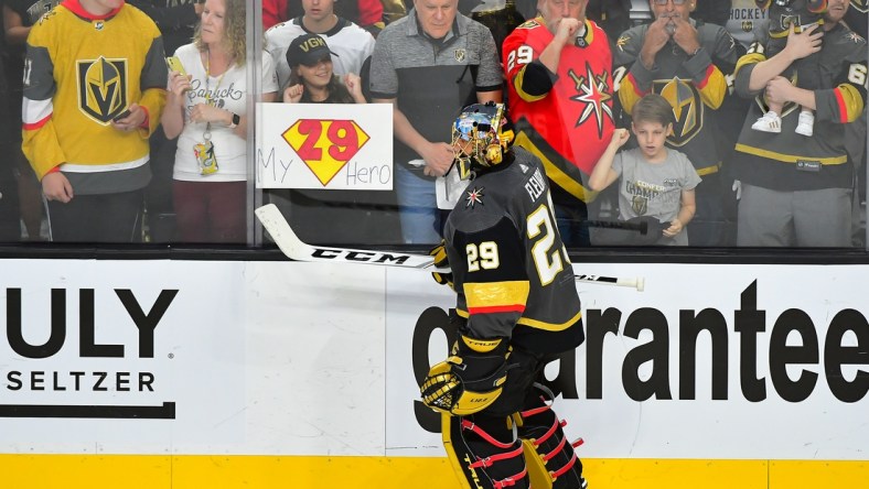 Jun 22, 2021; Las Vegas, Nevada, USA;Vegas Golden Knights goaltender Marc-Andre Fleury (29) skates past fans during pre-game warmups before the start of game five of the 2021 Stanley Cup Semifinals against the Montreal Canadiens at T-Mobile Arena. Mandatory Credit: Stephen R. Sylvanie-USA TODAY Sports