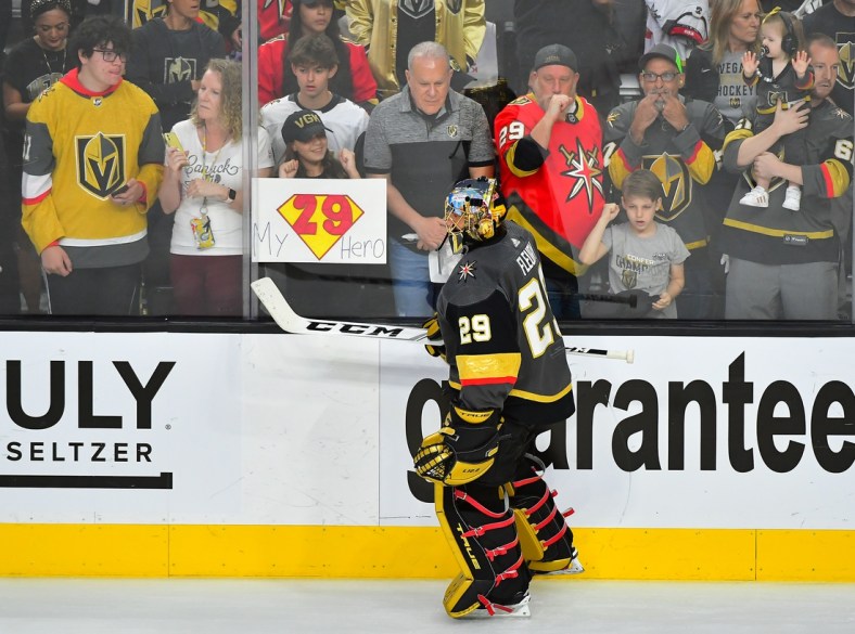 Jun 22, 2021; Las Vegas, Nevada, USA;Vegas Golden Knights goaltender Marc-Andre Fleury (29) skates past fans during pre-game warmups before the start of game five of the 2021 Stanley Cup Semifinals against the Montreal Canadiens at T-Mobile Arena. Mandatory Credit: Stephen R. Sylvanie-USA TODAY Sports