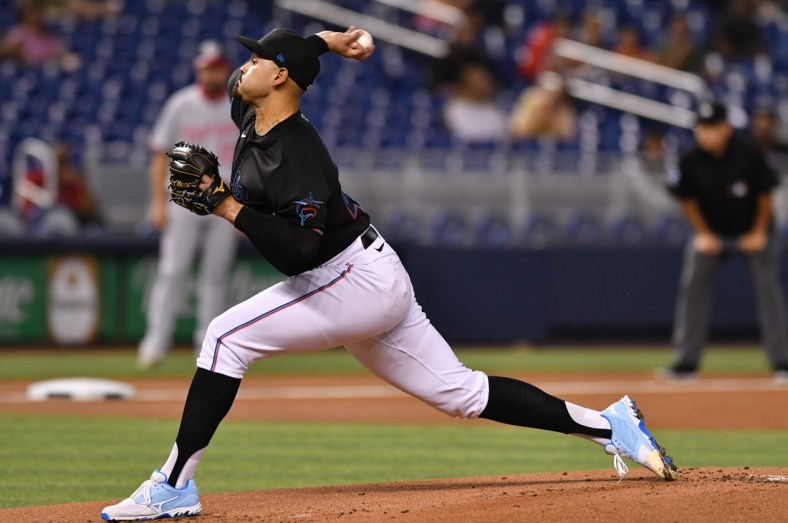 Jun 25, 2021; Miami, Florida, USA; Miami Marlins starting pitcher Pablo Lopez (49) pitches against the Washington Nationals during the first inning at loanDepot Park. Mandatory Credit: Jim Rassol-USA TODAY Sports