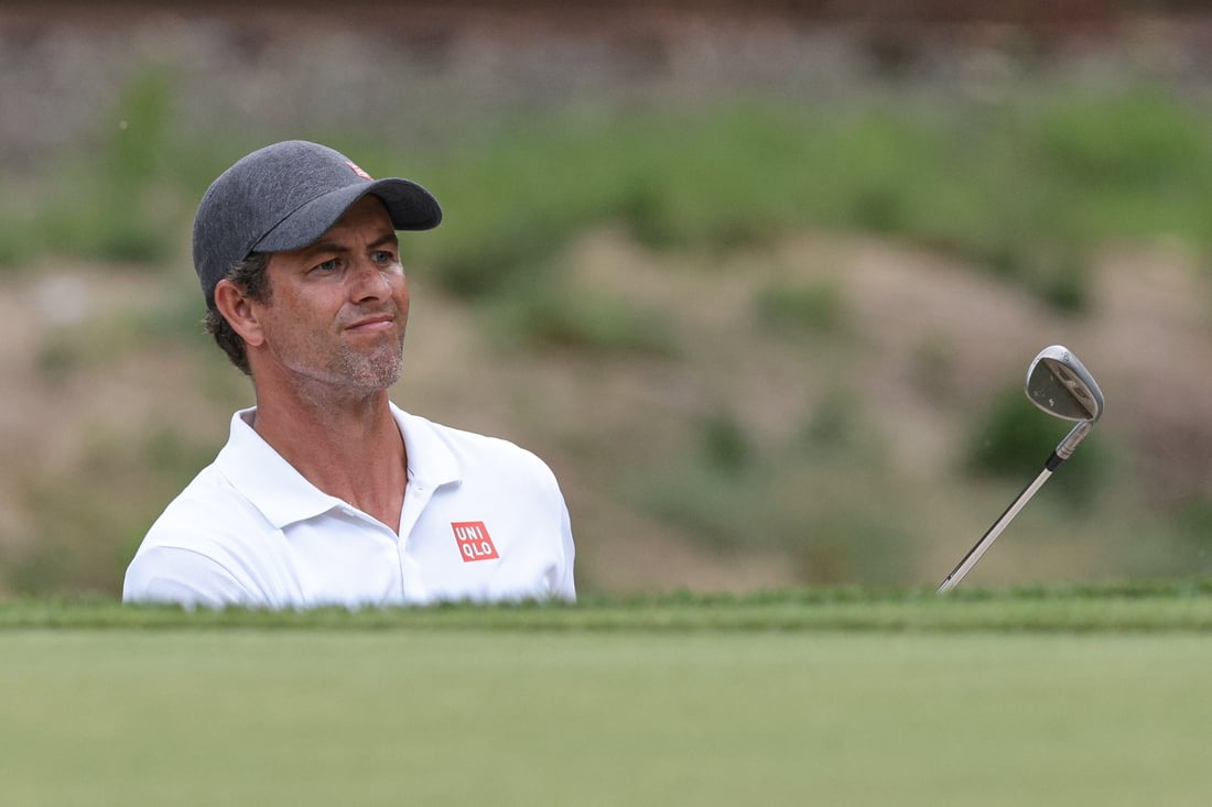 Jun 26, 2021; Cromwell, Connecticut, USA; Adam Scott reacts after hitting up on to the 14th green during the third round of the Travelers Championship golf tournament. Mandatory Credit: Vincent Carchietta-USA TODAY Sports