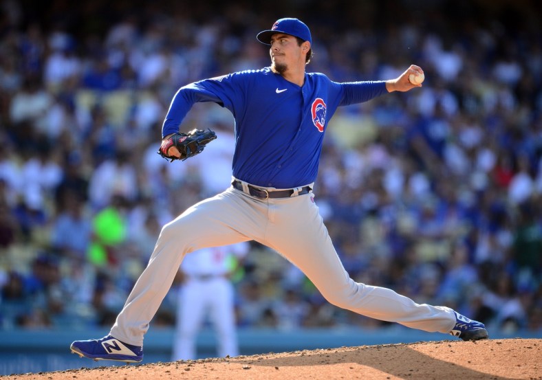 Jun 26, 2021; Los Angeles, California, USA; Chicago Cubs relief pitcher Brad Wieck (38) throws against the Los Angeles Dodgers during the fifth inning at Dodger Stadium. Mandatory Credit: Gary A. Vasquez-USA TODAY Sports