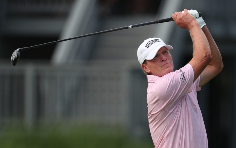 Steve Stricker hits off the 17th tee during the  final round of the Bridgestone Senior Players Championship at Firestone Country Club on Friday June 27, 2021 in Akron.

Bridge 6 28 Mc 4