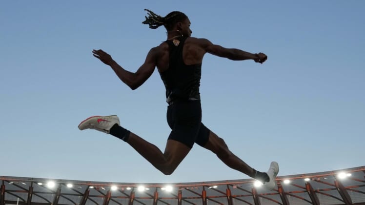 Jun 27, 2021; Eugene, OR, USA;  JuVaughn Harrison wins the long jump at 27-9 1/2 (8.47m) during the US Olympic Team Trials at Hayward Field. Mandatory Credit: Kirby Lee-USA TODAY Sports