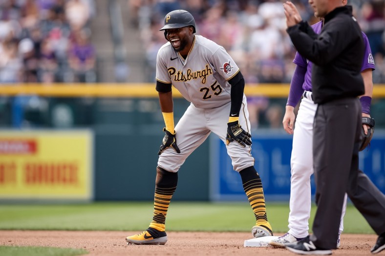 Jun 28, 2021; Denver, Colorado, USA; Pittsburgh Pirates right fielder Gregory Polanco (25) reacts after stealing second base in the fifth inning against the Colorado Rockies at Coors Field. Mandatory Credit: Isaiah J. Downing-USA TODAY Sports