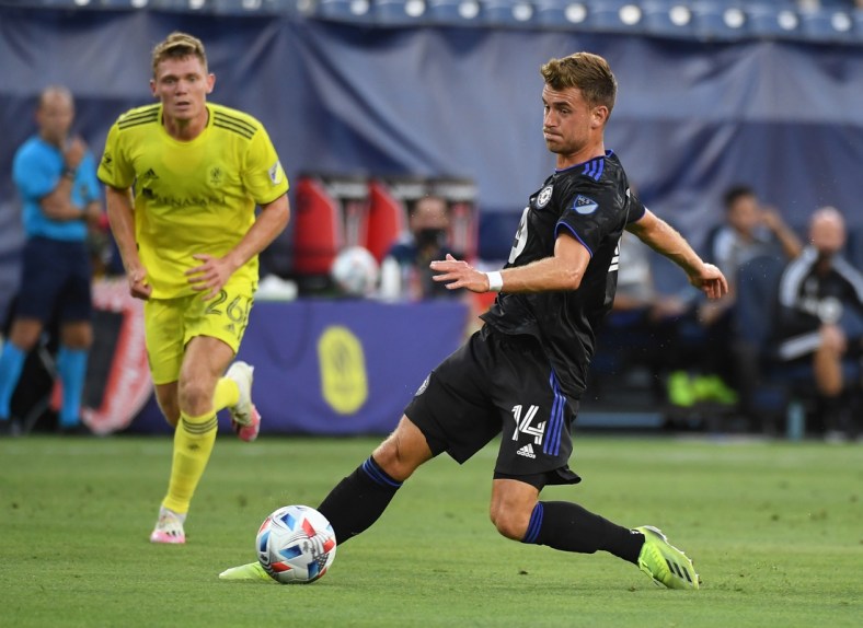 Jun 26, 2021; Nashville, TN, USA; CF Montreal midfielder Amar Sejdic (14) chases down a loose ball during the first half against the Nashville SC at Nissan Stadium. Mandatory Credit: Christopher Hanewinckel-USA TODAY Sports