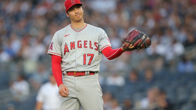 Jun 30, 2021; Bronx, New York, USA; Los Angeles Angels starting pitcher Shohei Ohtani (17) reacts during the first inning against the New York Yankees at Yankee Stadium. Mandatory Credit: Brad Penner-USA TODAY Sports