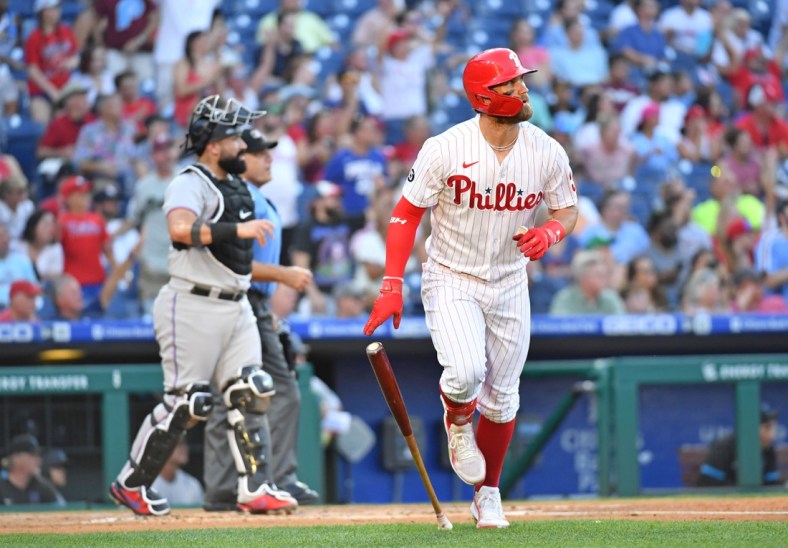 Jun 30, 2021; Philadelphia, Pennsylvania, USA; Philadelphia Phillies right fielder Bryce Harper (3) watches his home run during the second inning against the Miami Marlins at Citizens Bank Park. Mandatory Credit: Eric Hartline-USA TODAY Sports