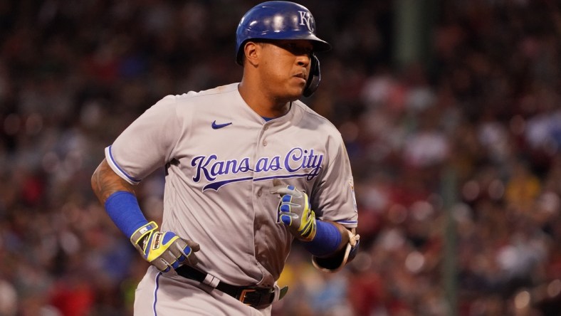 Jun 30, 2021; Boston, Massachusetts, USA; Kansas City Royals catcher Salvador Perez (13) rounds the bases after hitting a home run against the Boston Red Sox during the second inning at Fenway Park. Mandatory Credit: David Butler II-USA TODAY Sports