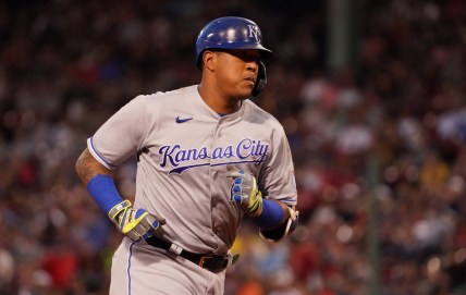 Jun 30, 2021; Boston, Massachusetts, USA; Kansas City Royals catcher Salvador Perez (13) rounds the bases after hitting a home run against the Boston Red Sox during the second inning at Fenway Park. Mandatory Credit: David Butler II-USA TODAY Sports