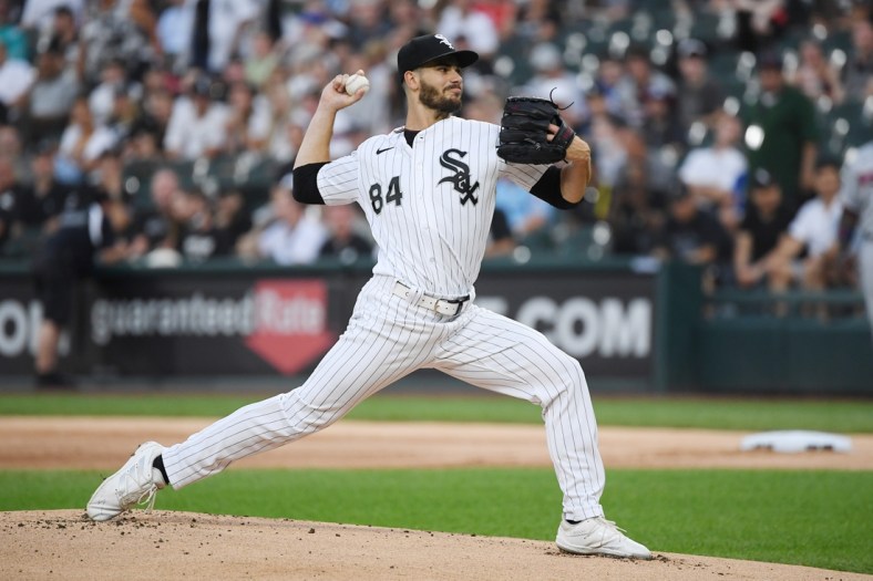 Jun 30, 2021; Chicago, Illinois, USA; Chicago White Sox starting pitcher Dylan Cease (84) pitches in the first inning against the Minnesota Twins at Guaranteed Rate Field. Mandatory Credit: Quinn Harris-USA TODAY Sports
