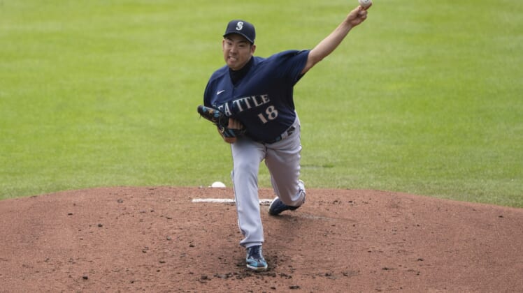 Jul 1, 2021; Buffalo, New York, CAN; Seattle Mariners pitcher Yusei Kikuchi (18) delivers a pitch during the first inning against the Toronto Blue Jays at Sahlen Field. Mandatory Credit: Gregory Fisher-USA TODAY Sports