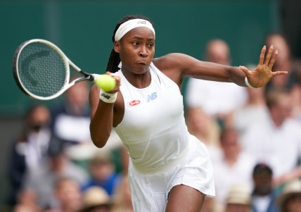 Jul 1, 2021; London, United Kingdom;  Coco Gauff (USA) seen playing Elena Vesnina (RUS) on the centre court in the second round at All England Lawn Tennis and Croquet Club. Mandatory Credit: Peter van den Berg-USA TODAY Sports
