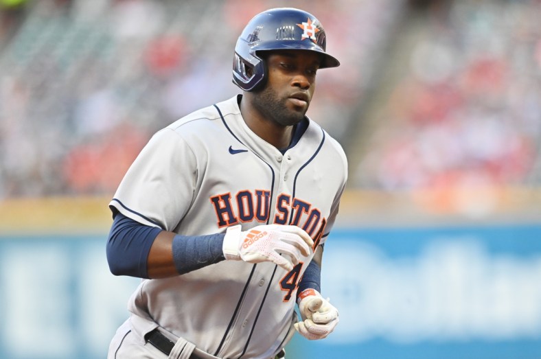 Jul 1, 2021; Cleveland, Ohio, USA; Houston Astros left fielder Yordan Alvarez (44) rounds the bases after hitting a home run during the fourth inning against the Cleveland Indians at Progressive Field. Mandatory Credit: Ken Blaze-USA TODAY Sports