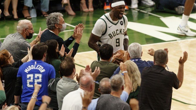 Jul 1, 2021; Milwaukee, Wisconsin, USA;  Milwaukee Bucks forward Bobby Portis (9) reacts to a play during the fourth quarter against the Atlanta Hawks during game five of the Eastern Conference Finals for the 2021 NBA Playoffs at Fiserv Forum. Mandatory Credit: Jeff Hanisch-USA TODAY Sports