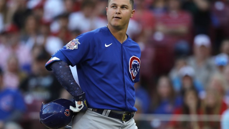 Jul 2, 2021; Cincinnati, Ohio, USA; Chicago Cubs left fielder Joc Pederson (24) walks from the plate after striking out against the Cincinnati Reds during the third inning at Great American Ball Park. Mandatory Credit: David Kohl-USA TODAY Sports