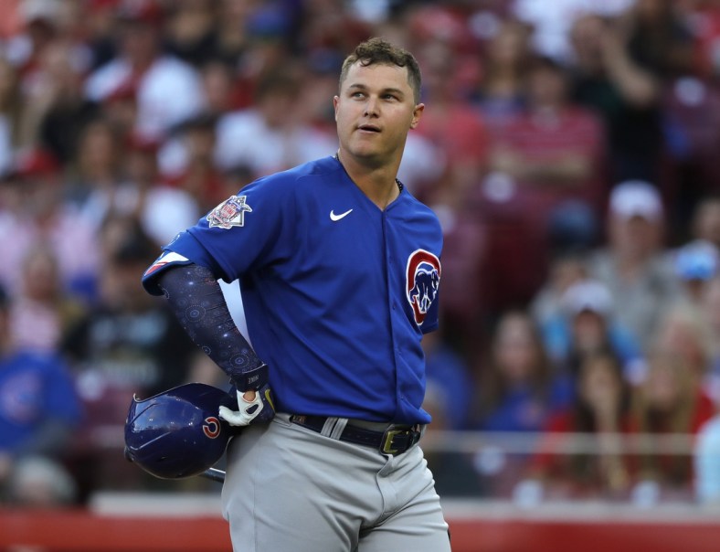 Jul 2, 2021; Cincinnati, Ohio, USA; Chicago Cubs left fielder Joc Pederson (24) walks from the plate after striking out against the Cincinnati Reds during the third inning at Great American Ball Park. Mandatory Credit: David Kohl-USA TODAY Sports