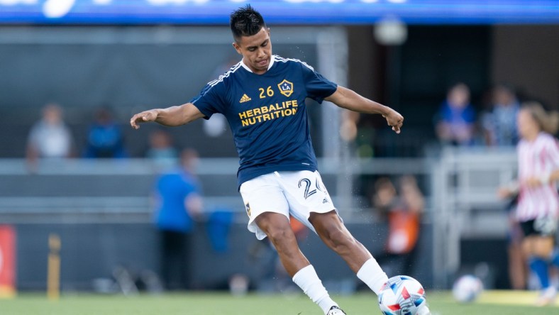 June 26, 2021; San Jose, California, USA; Los Angeles Galaxy midfielder Efrain Alvarez (26) before the match against the San Jose Earthquakes at PayPal Park. Mandatory Credit: Kyle Terada-USA TODAY Sports