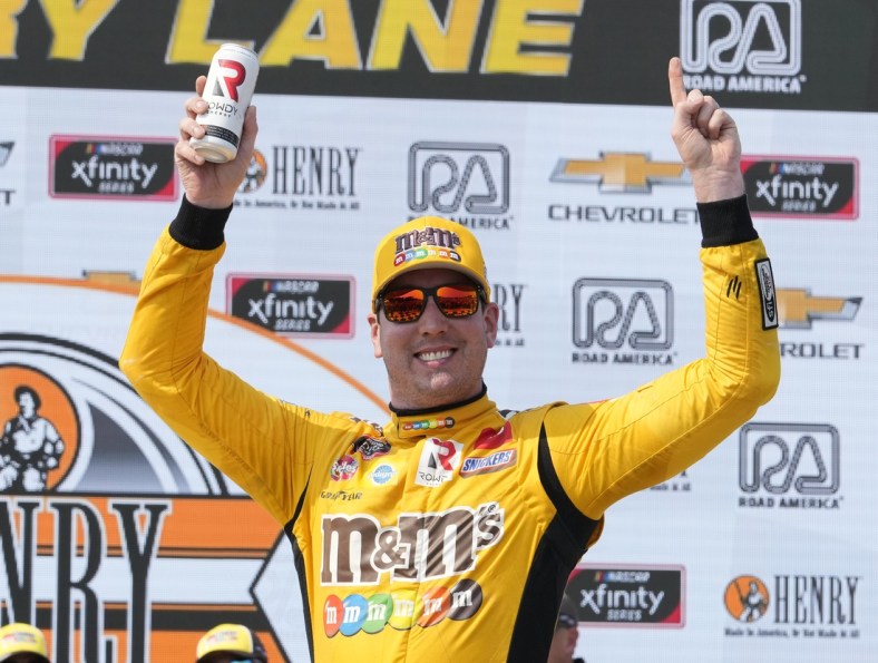 Jul 3, 2021; Elkhart Lake, WI, USA; Xfinity Series driver Kyle Busch (54) reacts after winning the Henry 180 at Road America. Mandatory Credit: Mike Dinovo-USA TODAY Sports