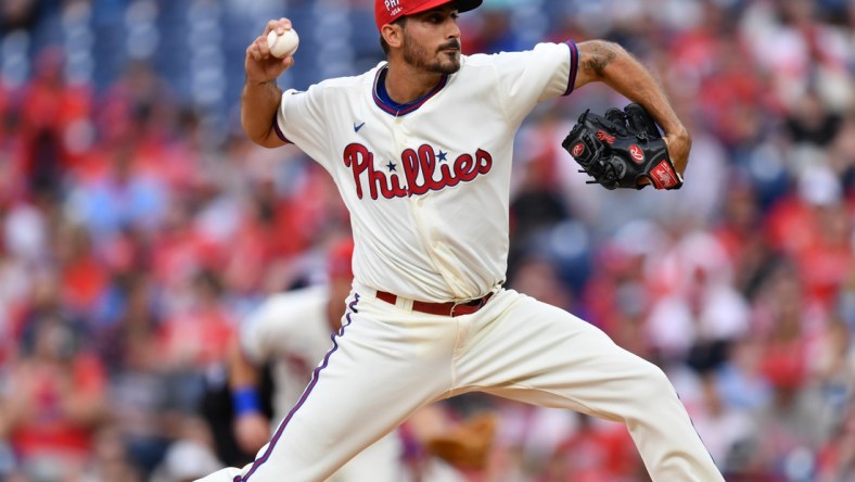 Jul 3, 2021; Philadelphia, Pennsylvania, USA; Philadelphia Phillies starting pitcher Zach Eflin (56) throws a pitch in the first inning against the San Diego Padres at Citizens Bank Park. Mandatory Credit: Kyle Ross-USA TODAY Sports