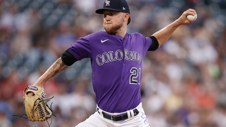 Jul 3, 2021; Denver, Colorado, USA; Colorado Rockies starting pitcher Kyle Freeland (21) throws a pitch in the first inning against the St. Louis Cardinals at Coors Field. Mandatory Credit: Isaiah J. Downing-USA TODAY Sports