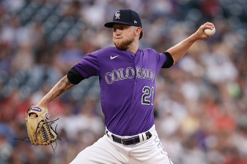 Jul 3, 2021; Denver, Colorado, USA; Colorado Rockies starting pitcher Kyle Freeland (21) throws a pitch in the first inning against the St. Louis Cardinals at Coors Field. Mandatory Credit: Isaiah J. Downing-USA TODAY Sports