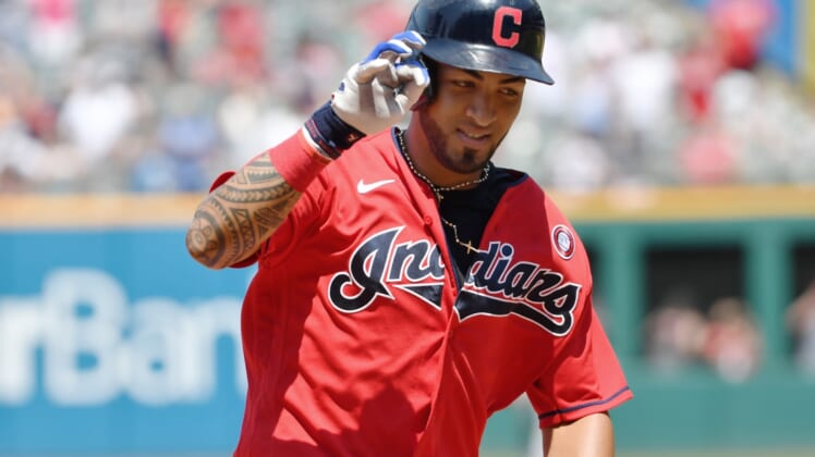 Jul 4, 2021; Cleveland, Ohio, USA; Cleveland Indians left fielder Eddie Rosario (9) rounds the bases after hitting a home run during the sixth inning against the Houston Astros at Progressive Field. Mandatory Credit: Ken Blaze-USA TODAY Sports