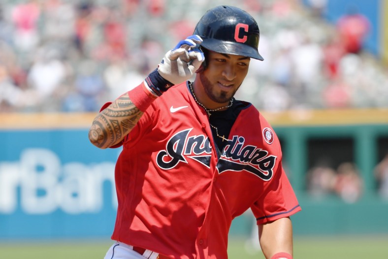 Jul 4, 2021; Cleveland, Ohio, USA; Cleveland Indians left fielder Eddie Rosario (9) rounds the bases after hitting a home run during the sixth inning against the Houston Astros at Progressive Field. Mandatory Credit: Ken Blaze-USA TODAY Sports
