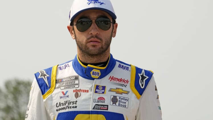 Jul 4, 2021; Elkhart Lake, Wisconsin, USA; NASCAR Cup Series driver Chase Elliott (9) before the Jockey Made in America 250 Presented by Kwik Trip at Road America. Mandatory Credit: Mike Dinovo-USA TODAY Sports
