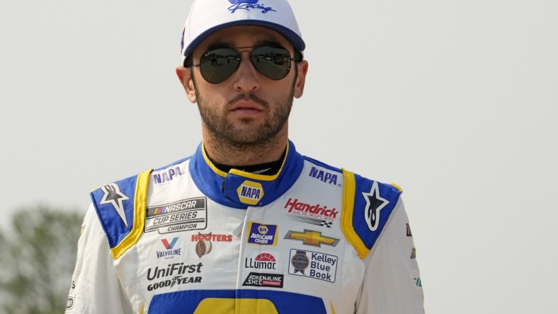 Jul 4, 2021; Elkhart Lake, Wisconsin, USA; NASCAR Cup Series driver Chase Elliott (9) before the Jockey Made in America 250 Presented by Kwik Trip at Road America. Mandatory Credit: Mike Dinovo-USA TODAY Sports