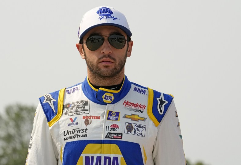 Jul 4, 2021; Elkhart Lake, Wisconsin, USA; NASCAR Cup Series driver Chase Elliott (9) before the Jockey Made in America 250 Presented by Kwik Trip at Road America. Mandatory Credit: Mike Dinovo-USA TODAY Sports