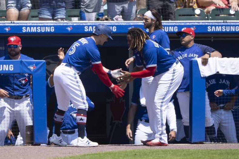 Jul 4, 2021; Buffalo, New York, CAN; Toronto Blue Jays first baseman Vladimir Guerrero Jr. (27) congratulates Toronto Blue Jays center Randal Grichuk (15) for hitting a home run during the second inning against the Tampa Bay Rays at Sahlen Field. Mandatory Credit: Gregory Fisher-USA TODAY Sports
