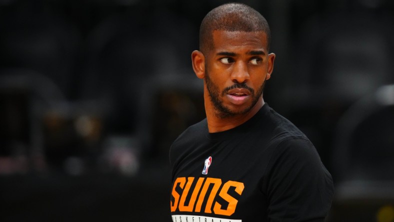 Jul 5, 2021; Phoenix, AZ, USA; Phoenix Suns guard Chris Paul during NBA Finals Media Day at Phoenix Suns Arena. Mandatory Credit: Mark J. Rebilas-USA TODAY Sports