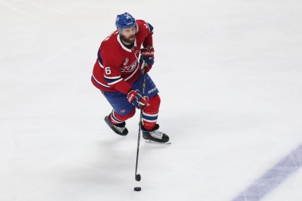 Jul 5, 2021; Montreal, Quebec, CAN; Montreal Canadiens defenseman Shea Weber (6) controls the puck against the Tampa Bay Lightning during the second period in game four of the 2021 Stanley Cup Final at Bell Centre. Mandatory Credit: Jean-Yves Ahern-USA TODAY Sports
