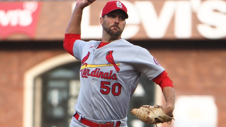 Jul 6, 2021; San Francisco, California, USA; St. Louis Cardinals starting pitcher Adam Wainwright (50) pitches the ball against the San Francisco Giants during the second inning at Oracle Park. Mandatory Credit: Kelley L Cox-USA TODAY Sports