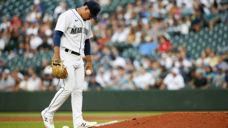 Jul 6, 2021; Seattle, Washington, USA; Seattle Mariners starting pitcher Justus Sheffield (33) walks around the mound after surrendering a run against the New York Yankees during the second inning at T-Mobile Park. Mandatory Credit: Joe Nicholson-USA TODAY Sports